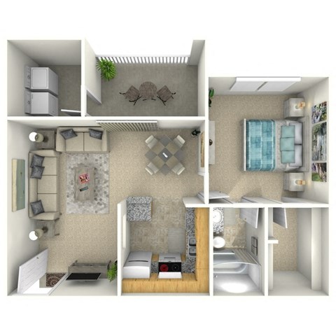 a stylized floor plan of a studio apartment